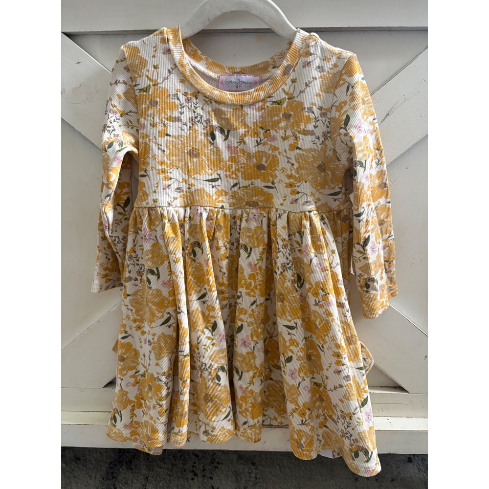 SweetHoney Girls Yellow Floral Ribbed Long Sleeve Pocket Twirl Dress Size 4T